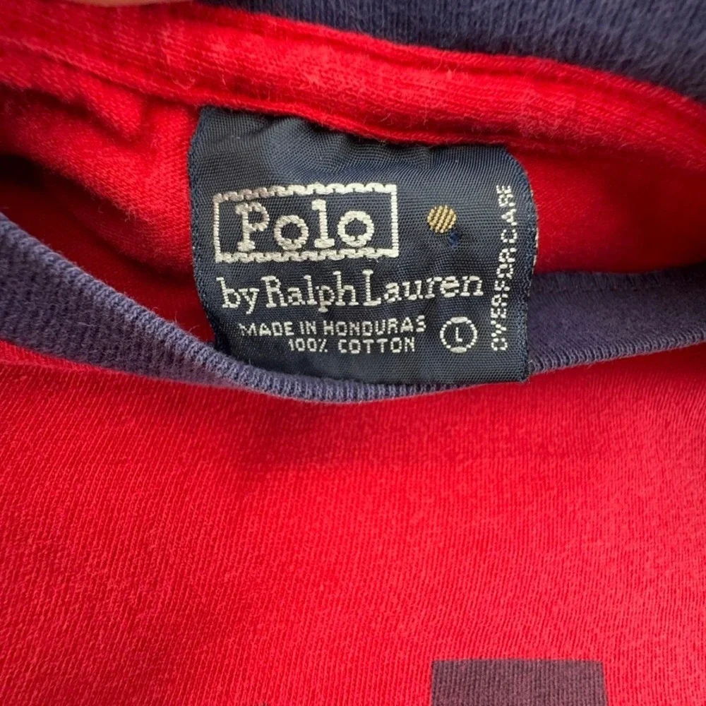 Polo Ralph Lauren Mens Red Long Sleeve Graphic T-Shirt Navy Blue Logo Size L*